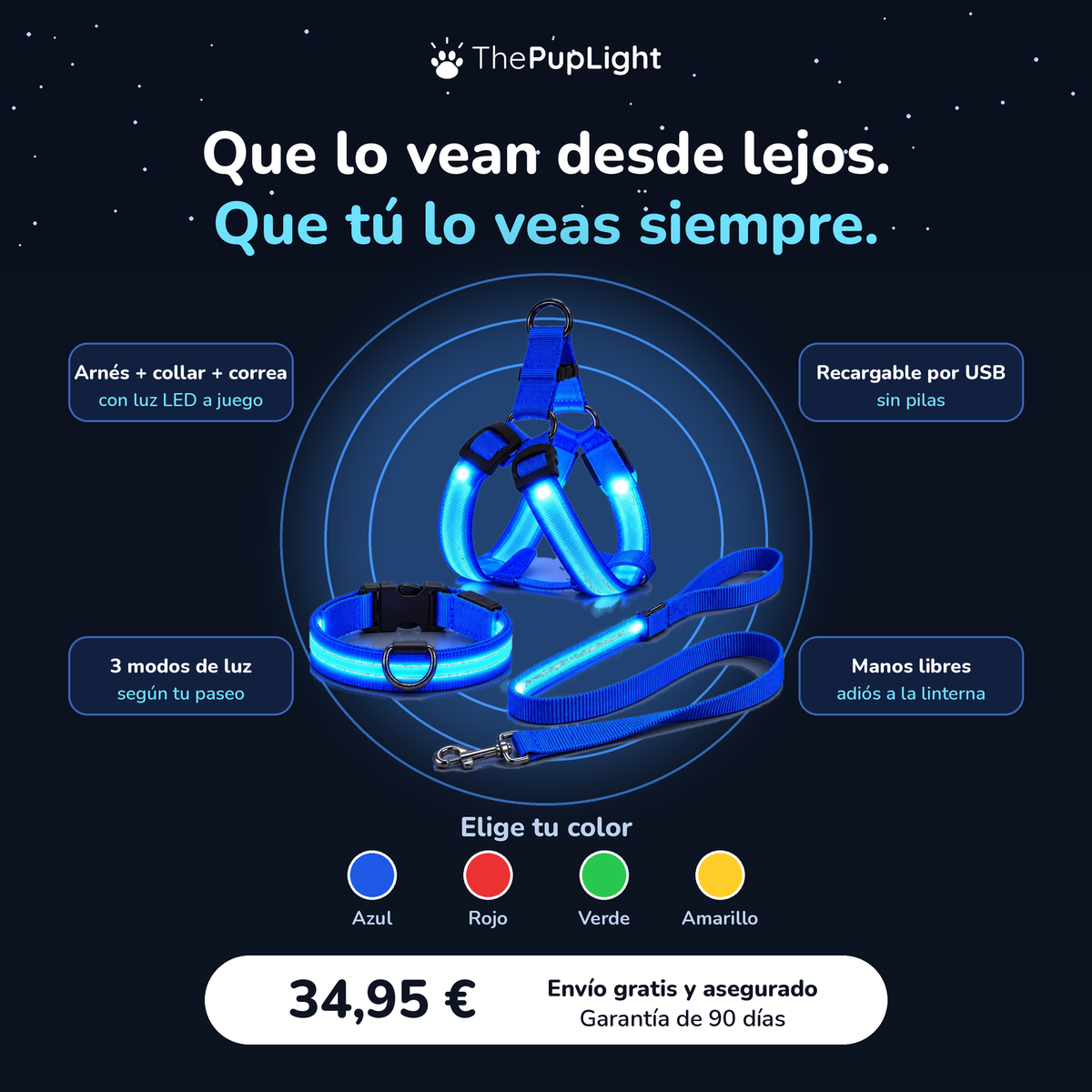 Kit LED para perros: arnés, collar y correa